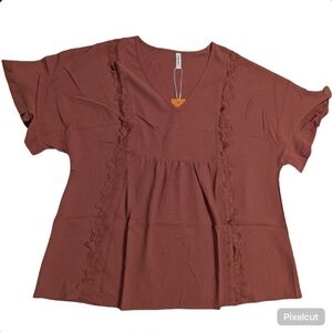 Women's Rusty Pink Vneck Babydoll Blouse W/ Floral Lace Detail Size: XL